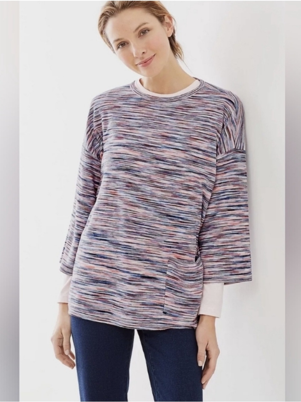PureJill Oversized Cotton Pink Blue Space Dye Boxy 3/4 Sleeve Knit Top Small